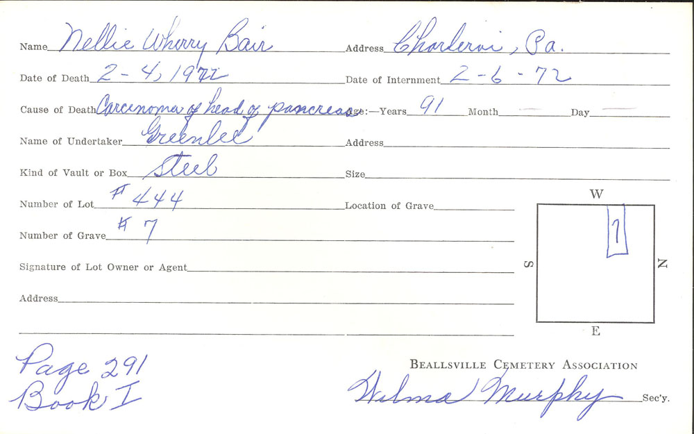 Nellie Wherry Bair burial card